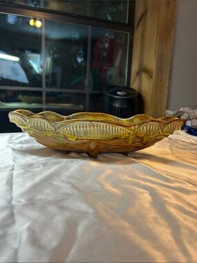 Scalloped Ceramic Decorative Bowl in Yellow and Brown